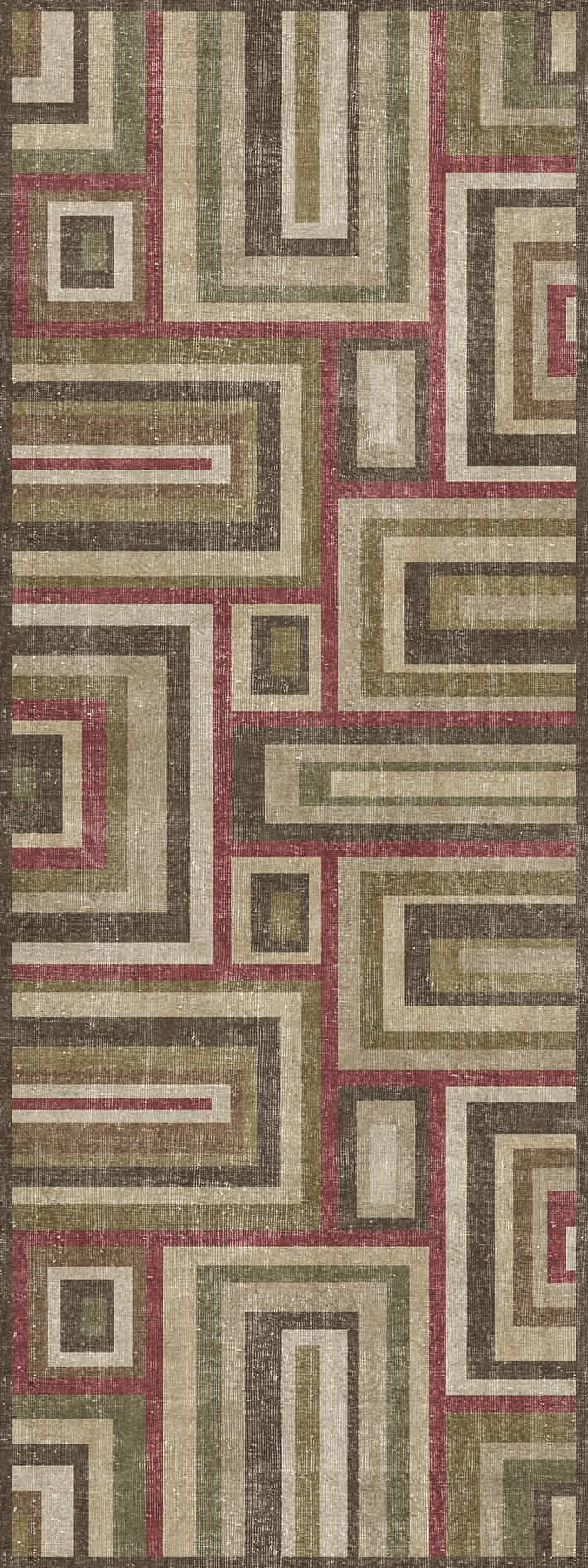 Olive, brown, and burgundy rug with a geometric pattern of nested rectangles and linear borders.