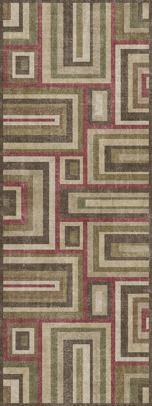 Load image 1 in gallery view. Olive, brown, and burgundy rug with a geometric pattern of nested rectangles and linear borders.