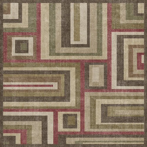Load image 1 in gallery view. Olive, brown, and muted red rug with a geometric pattern of nested rectangles and squares.