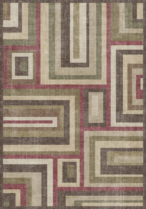 Load image 1 in gallery view. Geometric rug with nested rectangular patterns in muted olive, brown, cream, and deep red.