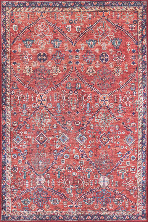 Load image 1 in gallery view. The Rhapsody Authentic Red Washable Rug - LCC3033 features intricate geometric and floral patterns in blue, ivory, and gold with a dark blue border. This symmetrical, richly detailed rug is perfect for high-traffic areas.