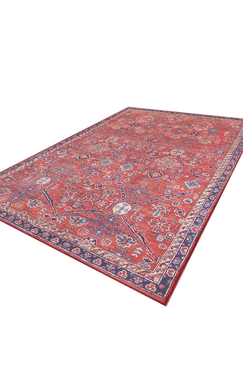 Load image 1 in gallery view. The Rhapsody Authentic Red Washable Rug - LCC3033 (Outlet) US features a large rectangular design with intricate floral and geometric patterns, blue and red borders, and is perfect for high-traffic areas. Shown on a white background.