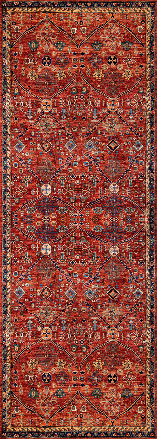 Load image 1 in gallery view. The Rhapsody Authentic Red Washable Rug - LCC3033 showcases a rich red background with geometric and floral patterns in blue, yellow, white, and black, framed by ornate multicolored borders—perfect for high-traffic areas.