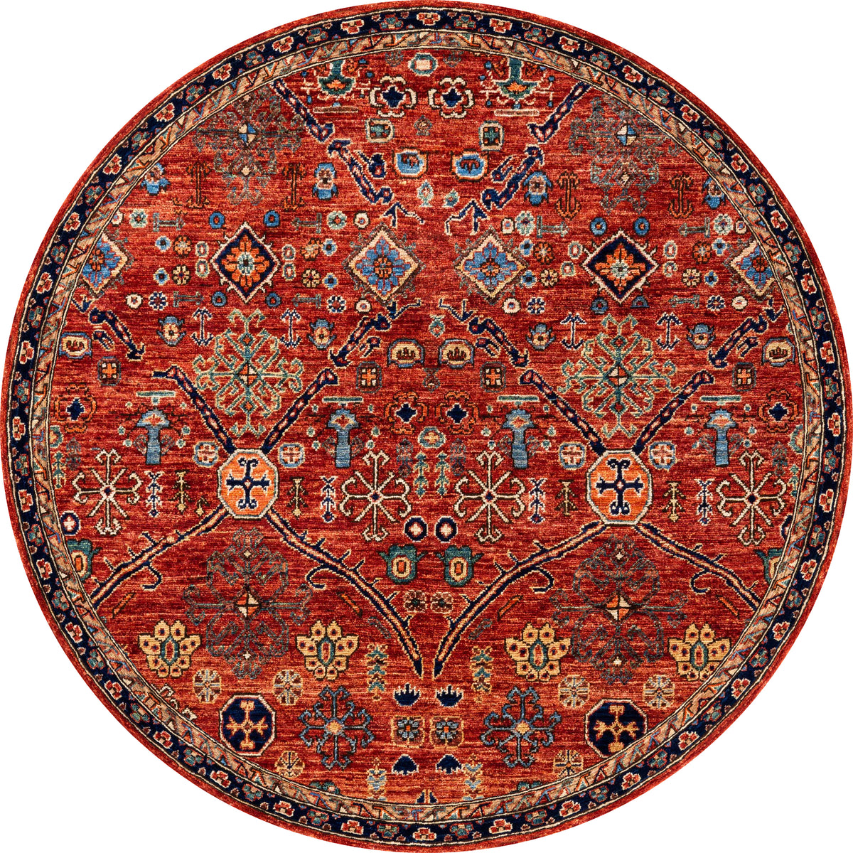 The Rhapsody Authentic Red Washable Rug (LCC3033) features ornate geometric and floral patterns in blue, yellow, and cream. Its round, durable design with a detailed border is perfect for high-traffic areas and easy to clean.