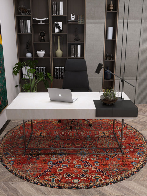 Load image 1 in gallery view. Modern office with a white desk, laptop, and black chair on the Rhapsody Authentic Red Washable Rug - LCC3033 (Custom Size), perfect for high-traffic areas. Bookshelves with decor and books are behind, with a green plant to the left of the desk.