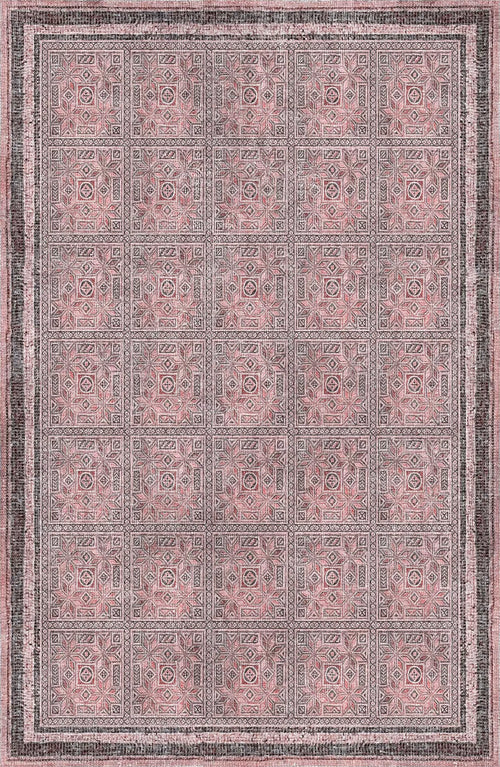 Load image 1 in gallery view. The Rose Panel - Washable Rug - JRN1035 (Custom Size) is a pink area rug featuring gray accents, geometric grid patterns, and multiple decorative borders.
