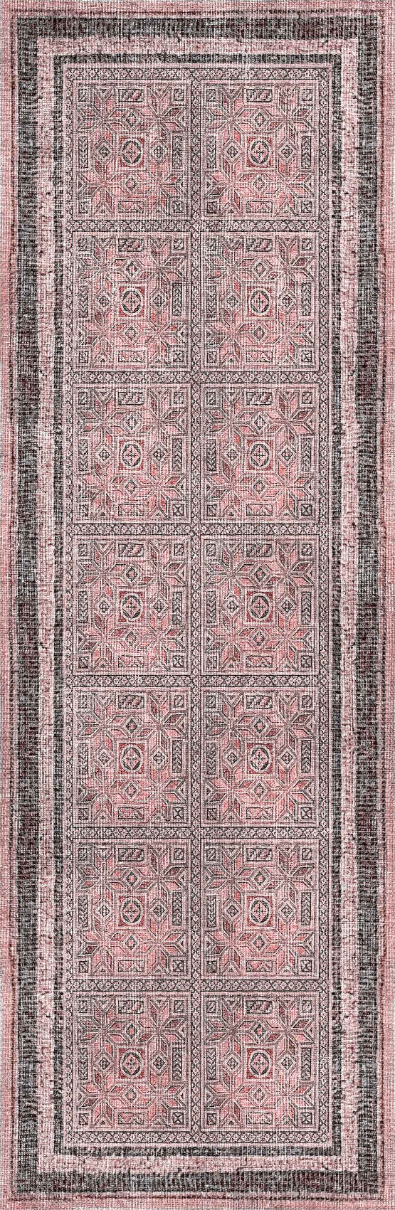 The Rose Panel - Washable Rug - JRN1035 (Custom Size) features a rectangular shape with a faded pink and gray color scheme, repeating squares, intricate designs, and decorative bands—perfect for adding subtle elegance to any space.