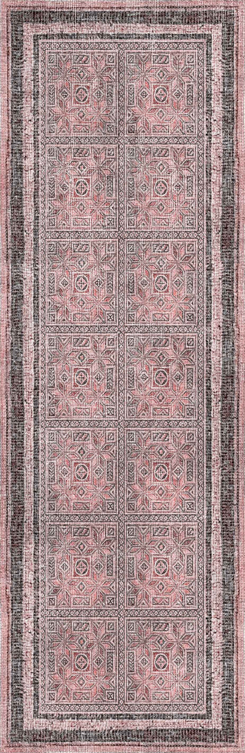 Load image 1 in gallery view. The Rose Panel - Washable Rug - JRN1035 (Custom Size) features a rectangular shape with a faded pink and gray color scheme, repeating squares, intricate designs, and decorative bands—perfect for adding subtle elegance to any space.