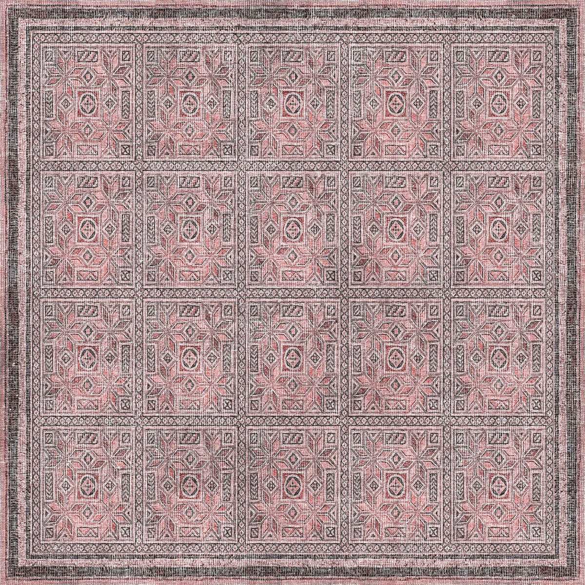 The Rose Panel - Washable Rug - JRN1035 (Custom Size) features large geometric square motifs with star and diamond patterns in pink, gray, and black, bordered by intricate lines. Its washable design adds both style and convenience to any space.