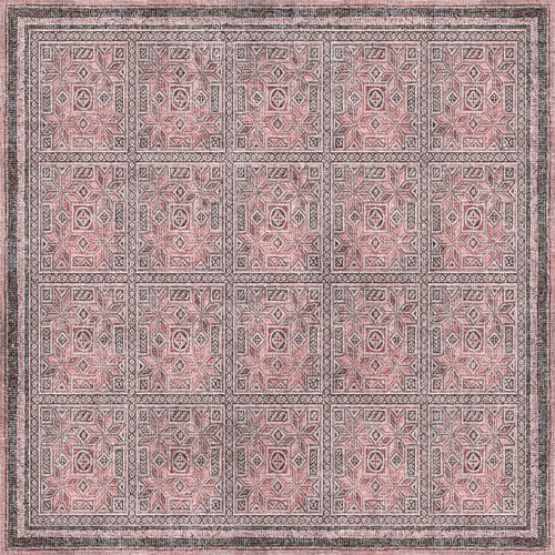 Load image 1 in gallery view. The Rose Panel - Washable Rug - JRN1035 (Custom Size) features large geometric square motifs with star and diamond patterns in pink, gray, and black, bordered by intricate lines. Its washable design adds both style and convenience to any space.