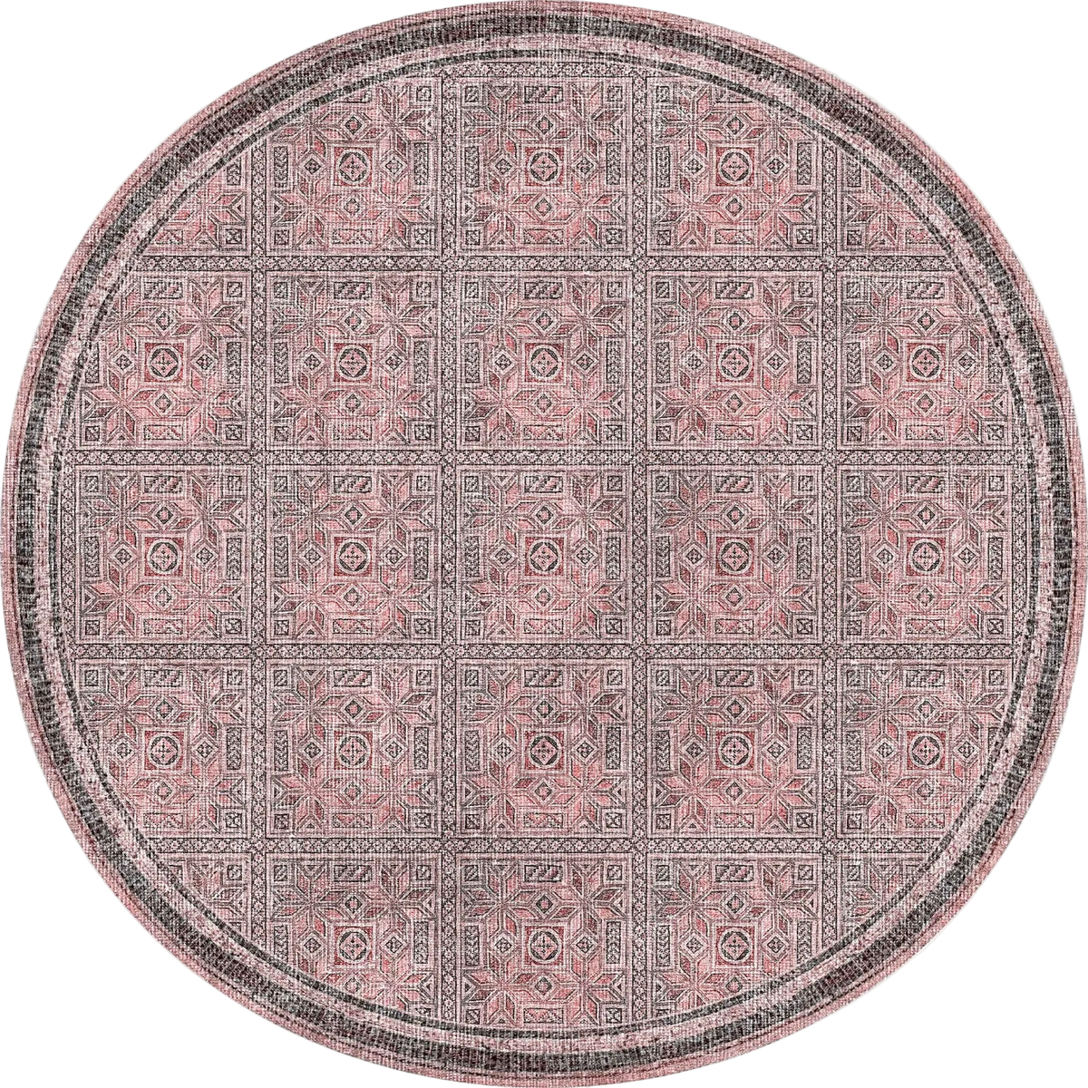 The Rose Panel - Washable Rug (JRN1035, Custom Size) is a round rug with an intricate geometric grid pattern in pink, black, and white, featuring ornate squares and a detailed border.
