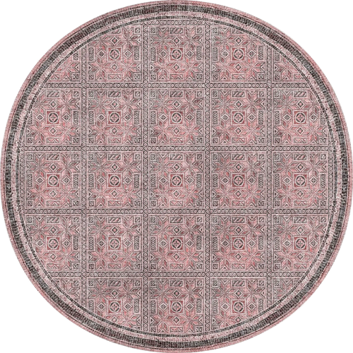 Load image 1 in gallery view. The Rose Panel - Washable Rug (JRN1035, Custom Size) is a round rug with an intricate geometric grid pattern in pink, black, and white, featuring ornate squares and a detailed border.