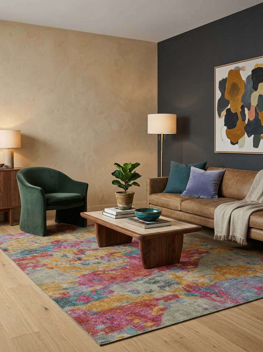 Multicolor abstract rug with pink, yellow, and teal patches in a modern living room with a leather sofa.