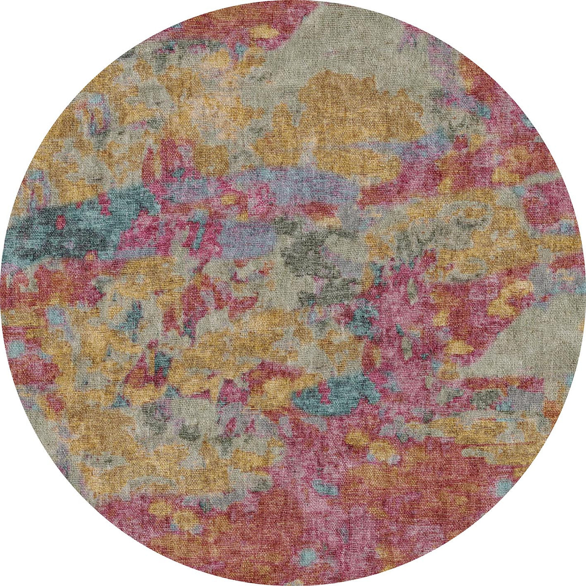 Round rug with an abstract, painterly pattern in shades of mustard yellow, magenta, teal, and grey.