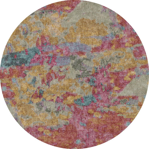 Load image 1 in gallery view. Round rug with an abstract, painterly pattern in shades of mustard yellow, magenta, teal, and grey.
