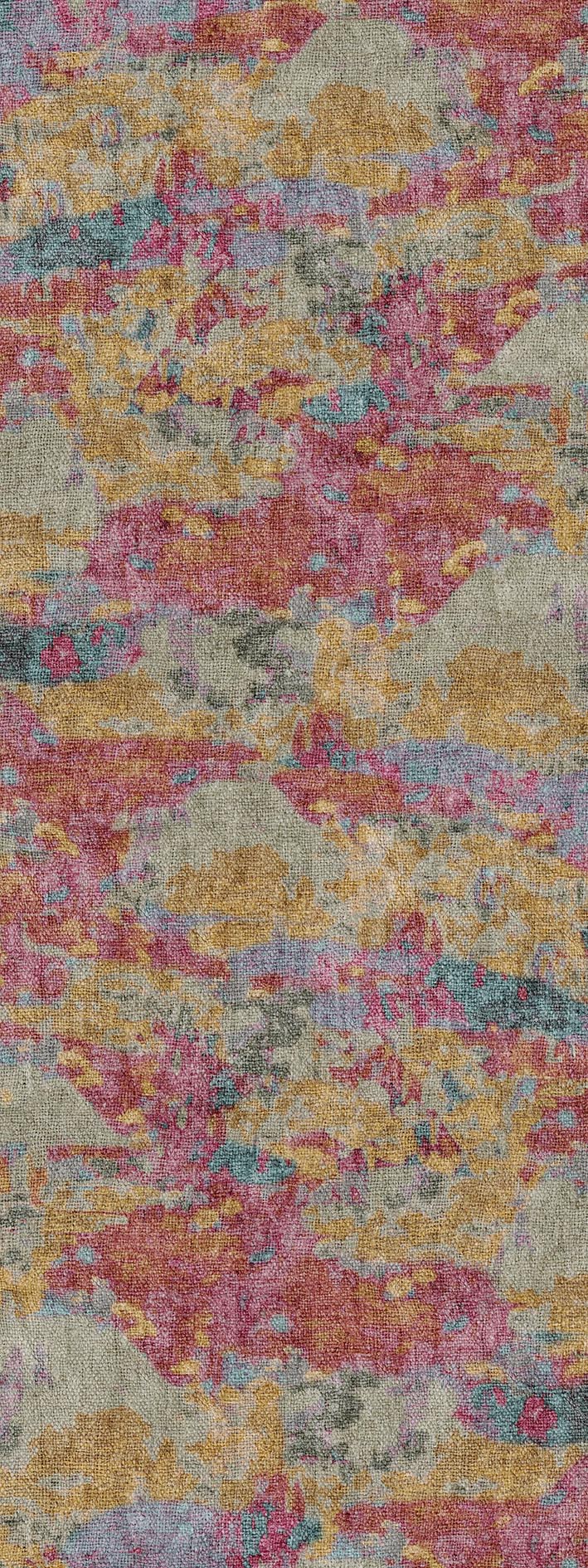 Abstract rug with a textured, multi-colored pattern of magenta, gold, teal, and grey patches.
