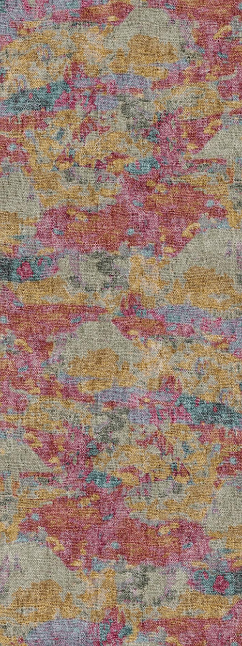 Load image 1 in gallery view. Abstract rug with a textured, multi-colored pattern of magenta, gold, teal, and grey patches.