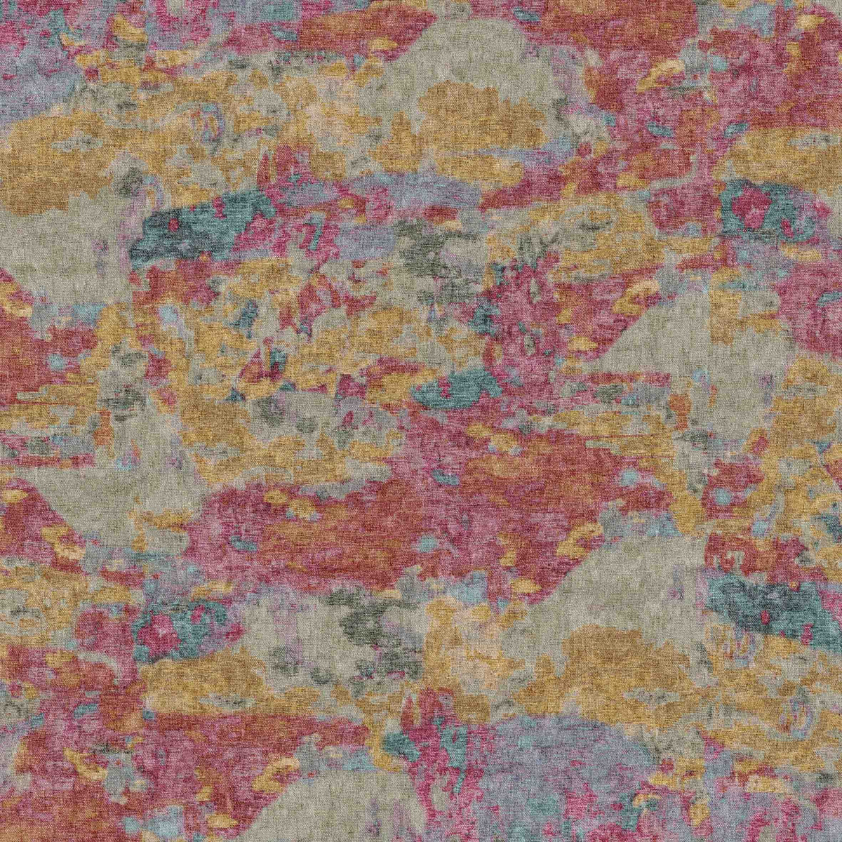 Abstract rug with a mottled, painterly pattern in shades of magenta, mustard yellow, teal, and grey.