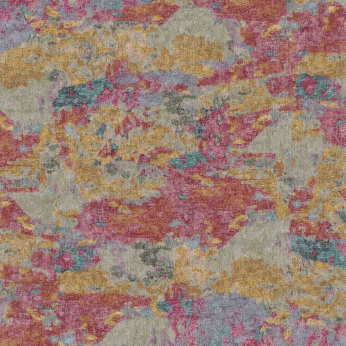 Load image 1 in gallery view. Abstract rug with a mottled, painterly pattern in shades of magenta, mustard yellow, teal, and grey.