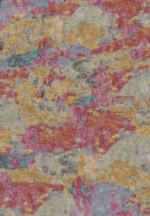 Load image 1 in gallery view. Abstract rug with a textured, painterly pattern in shades of magenta, mustard yellow, teal, and sage green.