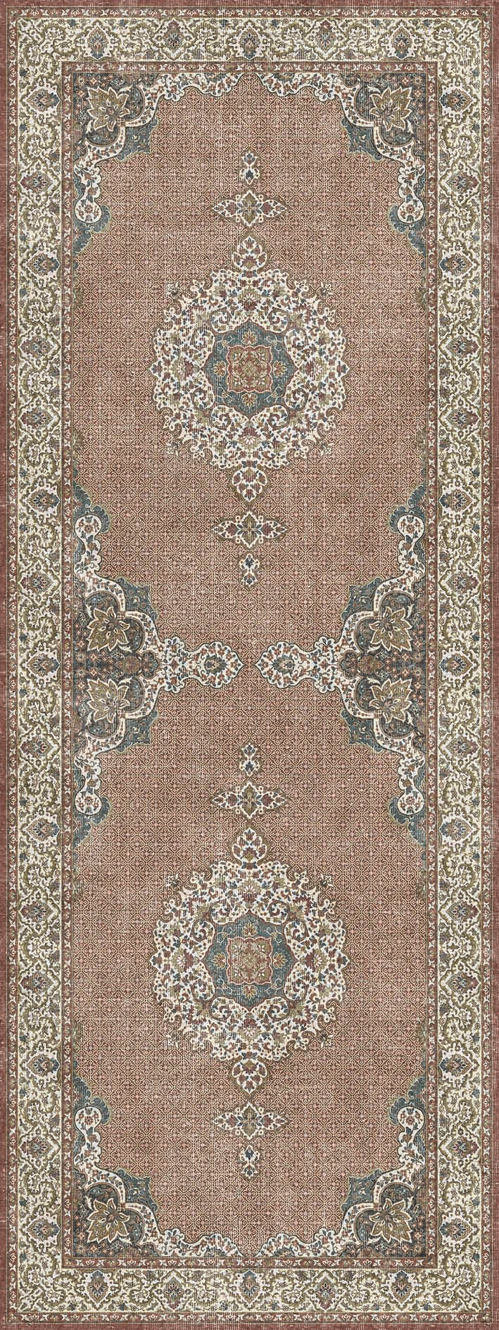 Terracotta runner rug with a traditional Persian-style floral medallion pattern in cream, sage green, and slate blue.