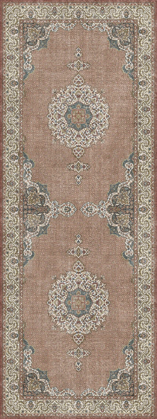 Load image 1 in gallery view. Terracotta runner rug with a traditional Persian-style floral medallion pattern in cream, sage green, and slate blue.