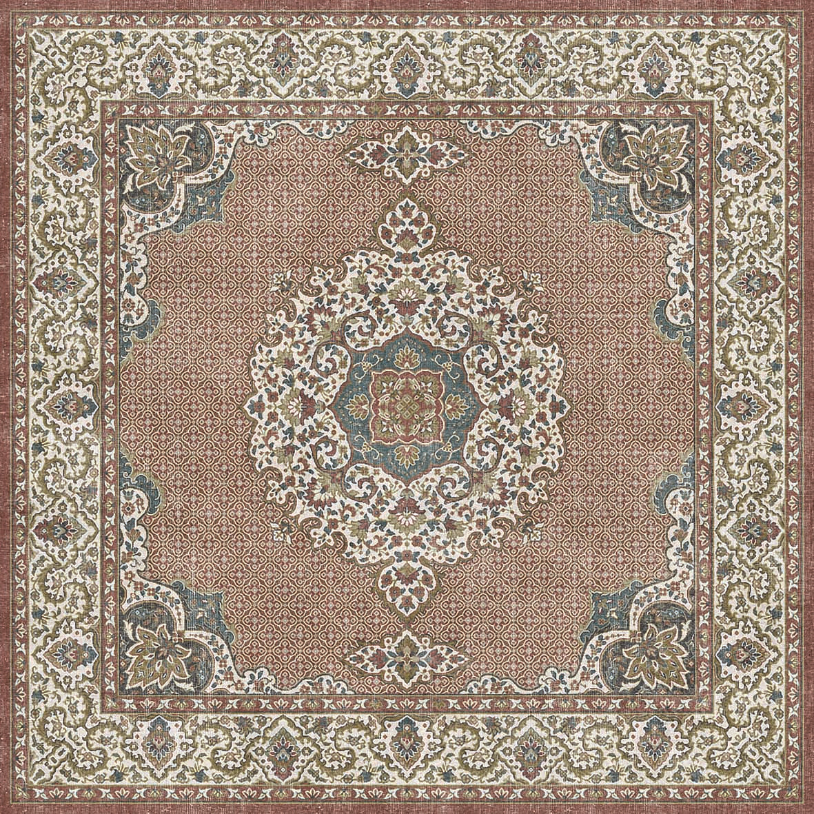 Terracotta, cream, and slate blue traditional rug with a central floral medallion and ornate border pattern.