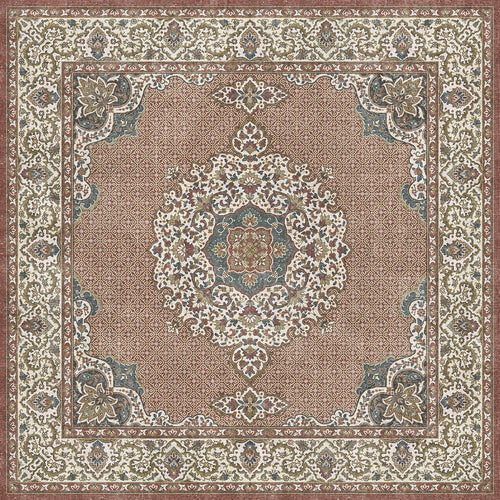 Load image 1 in gallery view. Terracotta, cream, and slate blue traditional rug with a central floral medallion and ornate border pattern.