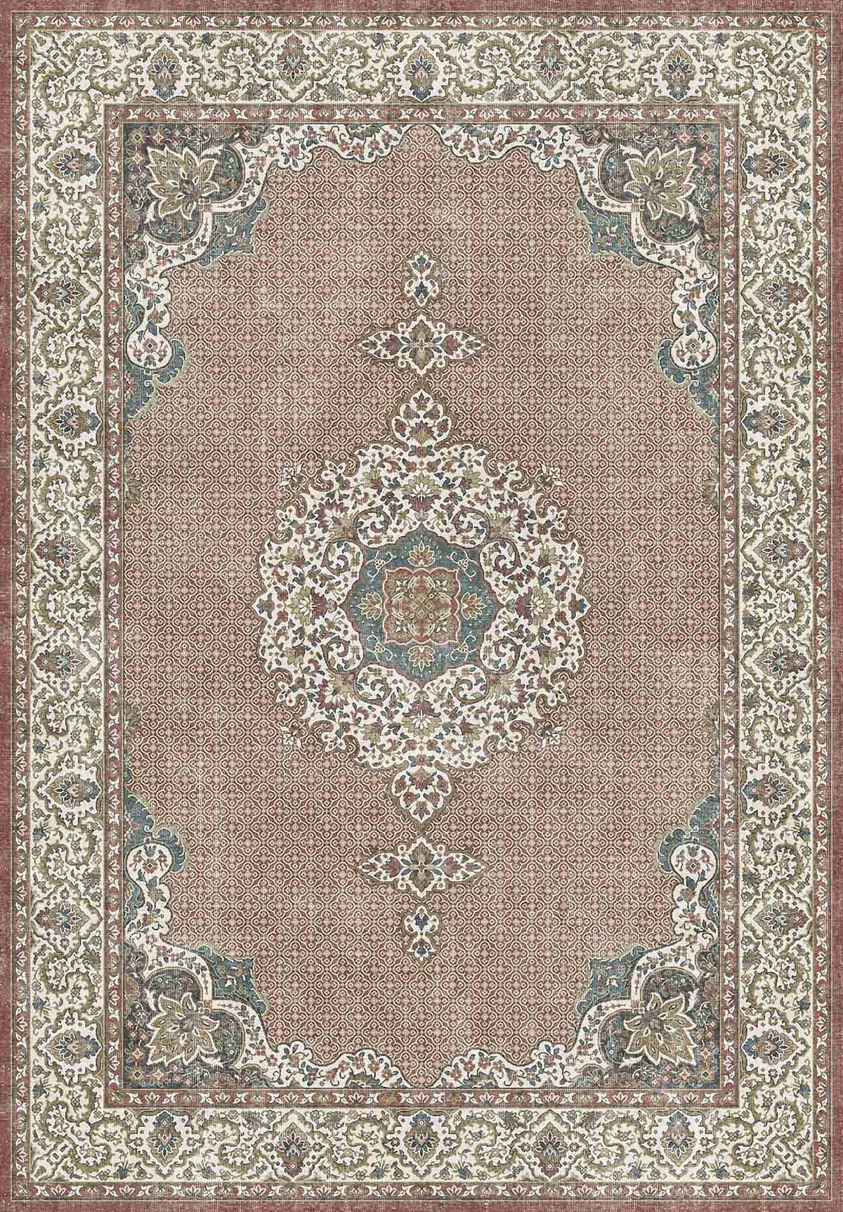 Dusty rose traditional rug with a central floral medallion, intricate cream border, and blue and sage green accents.