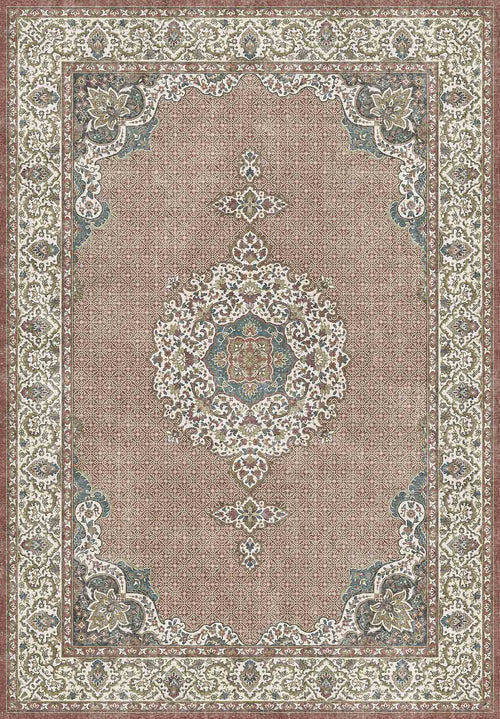 Load image 1 in gallery view. Dusty rose traditional rug with a central floral medallion, intricate cream border, and blue and sage green accents.
