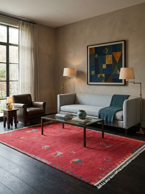 Load image 1 in gallery view. A modern living room features a gray sofa, glass coffee table, leather armchair, two floor lamps, abstract geometric art, and the Rosy Blush - Machine-Washable Rug - JRS5067—ideal for high-traffic areas. Large window with sheer curtains fills the space with light.