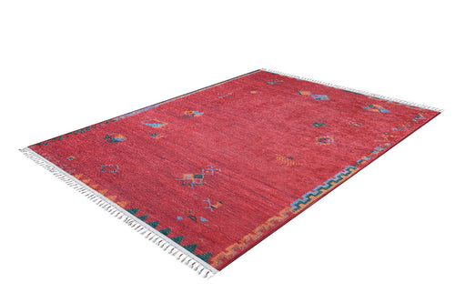 Load image 1 in gallery view. The Rosy Blush - Machine-Washable Rug (JRS5067) features a rectangular red design with colorful geometric patterns, a green and yellow zigzag border on one side, and white fringes—ideal for busy, high-traffic areas.