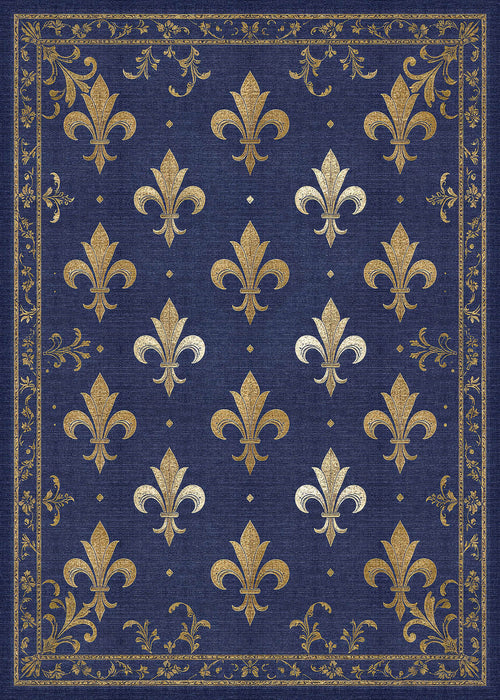 Load image 1 in gallery view. The Royal Fleur - Washable Rug - JRS016 features a navy blue background with gold and silver fleur-de-lis motifs and an ornate gold floral border—durable, stylish, and ideal for high-traffic areas.