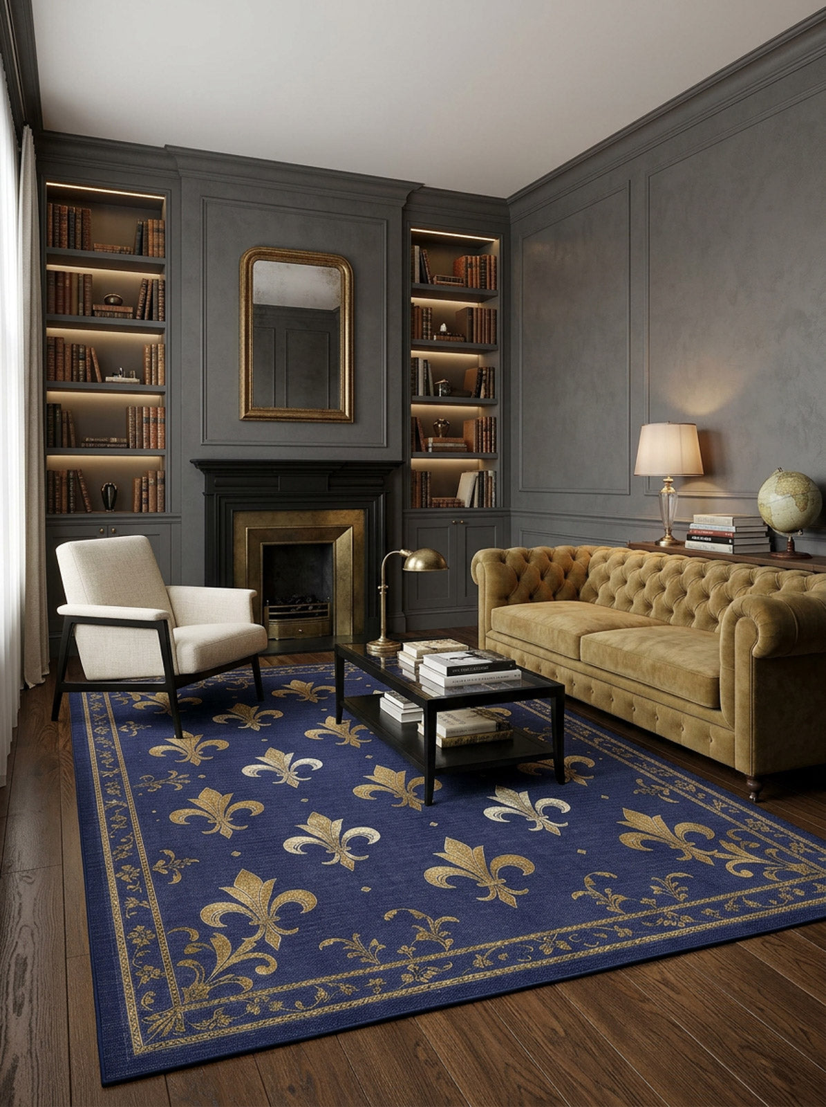 Navy blue rug with a gold fleur-de-lis pattern and border, styled in a dark-toned library living room.