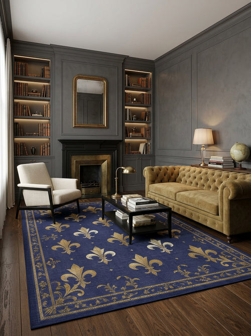Load image 1 in gallery view. Navy blue rug with a gold fleur-de-lis pattern and border, styled in a dark-toned library living room.