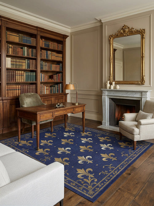 Load image 1 in gallery view. Navy blue rug with a gold fleur-de-lis pattern and border, styled in a traditional home office.
