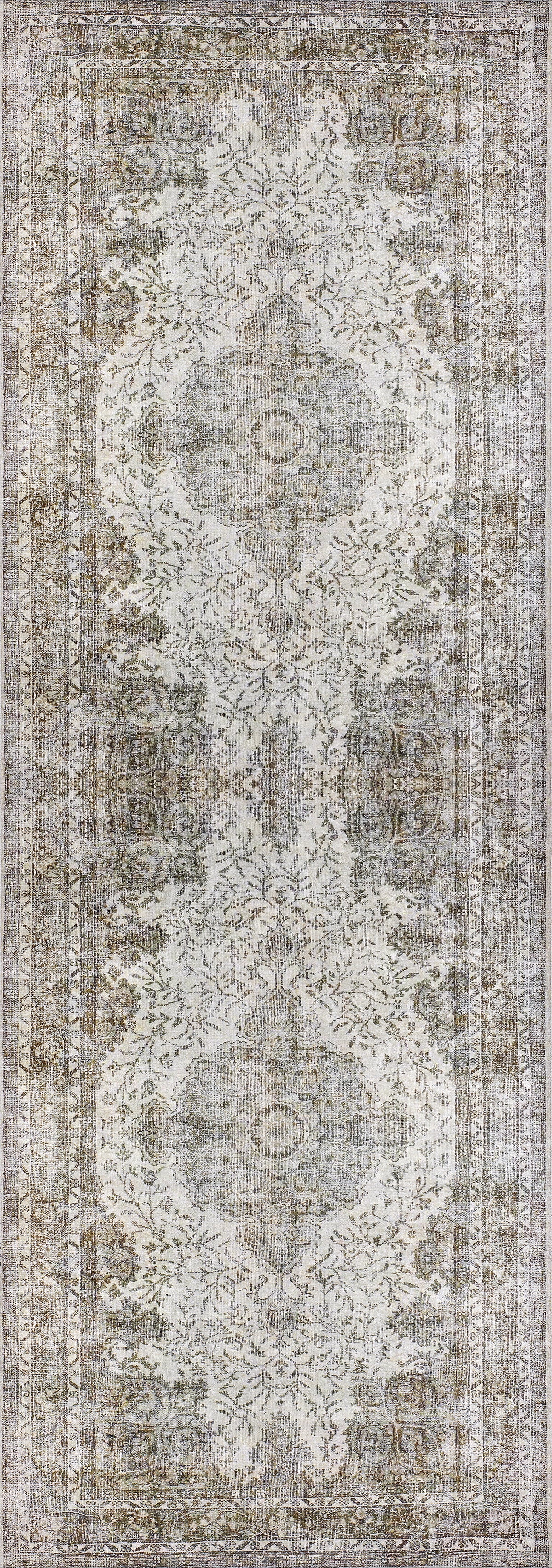 The Royal Legacy - Washable Rug - JR207 features a vintage-inspired faded floral and medallion pattern in beige, gray, and brown, with intricate borders. Its durable, washable design is ideal for high-traffic areas and brings timeless antique charm.