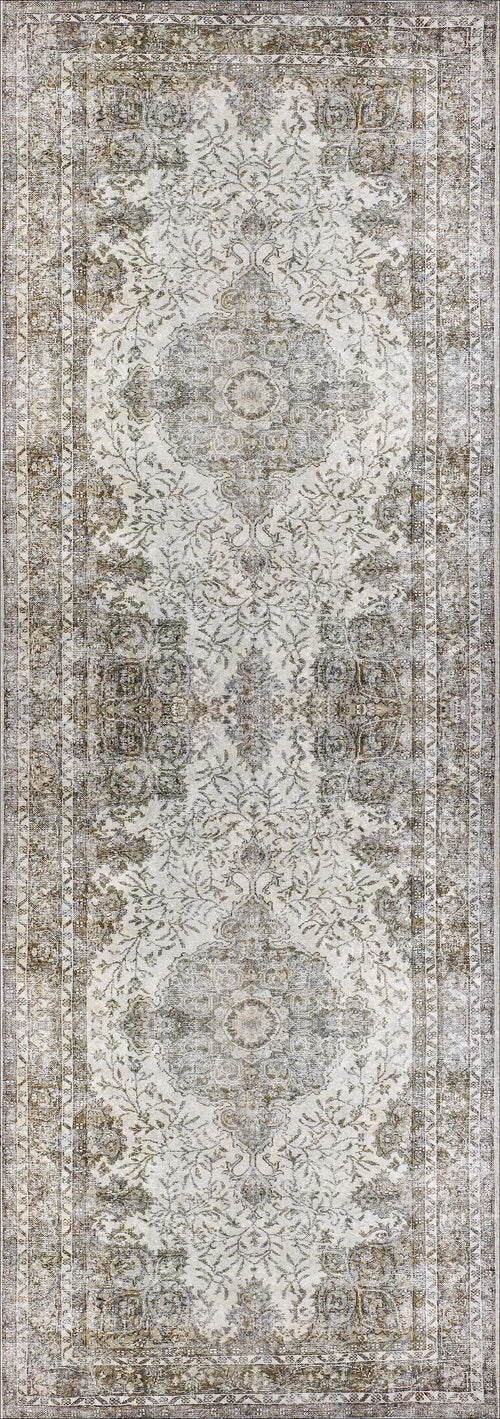 Load image 1 in gallery view. The Royal Legacy - Washable Rug - JR207 features a vintage-inspired faded floral and medallion pattern in beige, gray, and brown, with intricate borders. Its durable, washable design is ideal for high-traffic areas and brings timeless antique charm.