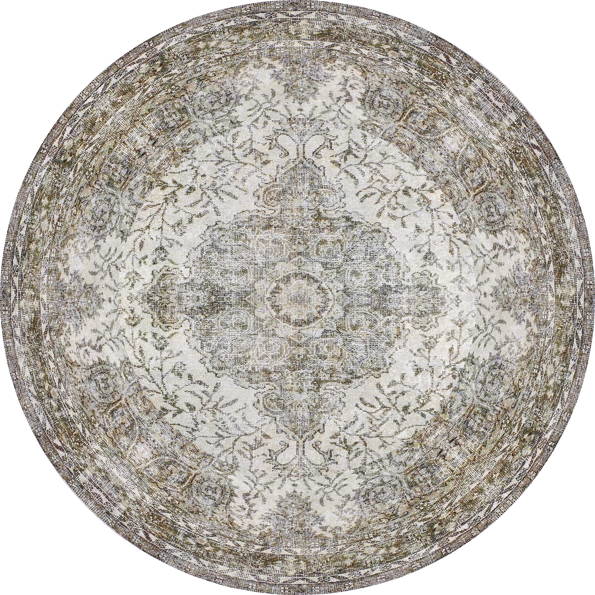 The Royal Legacy - Washable Rug - JR207 features a detailed central medallion and intricate floral patterns in muted gray, beige, and cream. Its ornate border complements the design. Easy to maintain and ideal for high-traffic areas.