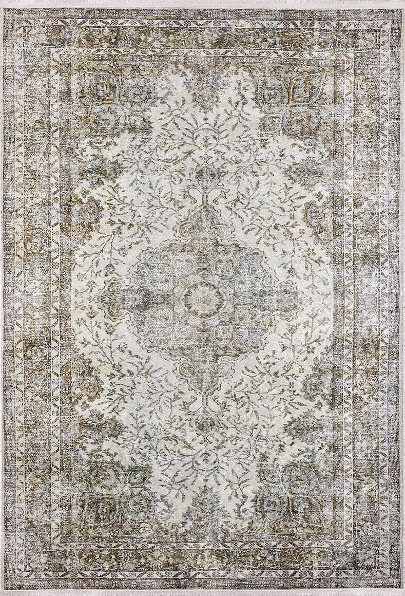 The Royal Legacy - Washable Rug - JR207 (Custom Size) is a rectangular, ornate rug with a vintage faded look, central floral medallion, vine designs, and decorative borders in beige, gray, and olive—perfect for high-traffic spaces.