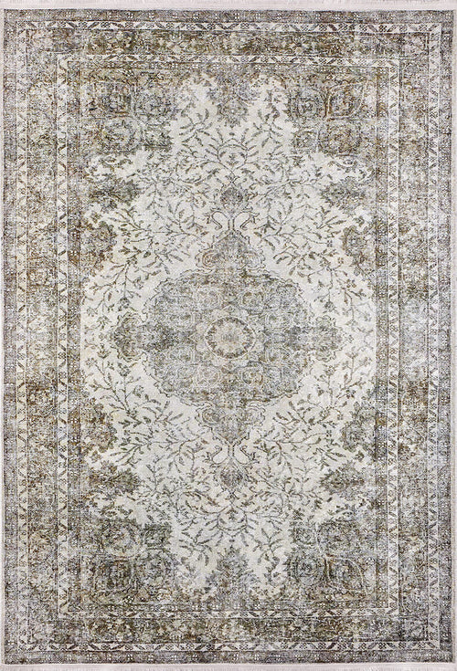 Load image 1 in gallery view. The Royal Legacy - Washable Rug - JR207 (Custom Size) is a rectangular, ornate rug with a vintage faded look, central floral medallion, vine designs, and decorative borders in beige, gray, and olive—perfect for high-traffic spaces.