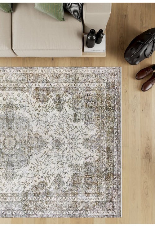 Load image 1 in gallery view. A top-down view of the Royal Legacy - Washable Rug - JR207 (Custom Size) on a wooden floor, with a beige sofa, books, black bag, and brown shoes at the edges—perfect for high-traffic areas.