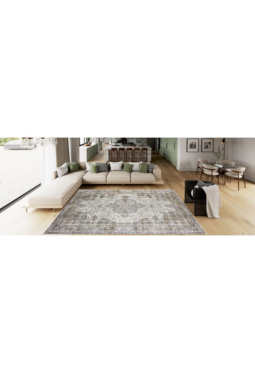 Load image 1 in gallery view. Spacious modern living room featuring the Royal Legacy - Washable Rug - JR207 (Custom Size), an L-shaped beige sofa with green and gray pillows, wooden flooring, and a dining area—ideal for high-traffic spaces.