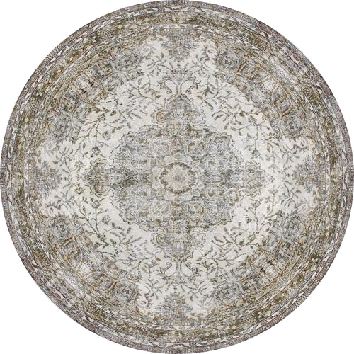 Load image 1 in gallery view. The Royal Legacy - Washable Rug - JR207 (Custom Size) features a round, vintage-inspired floral and medallion pattern in muted beige, gray, and cream with a distressed finish—perfect for high-traffic areas and classic décor.