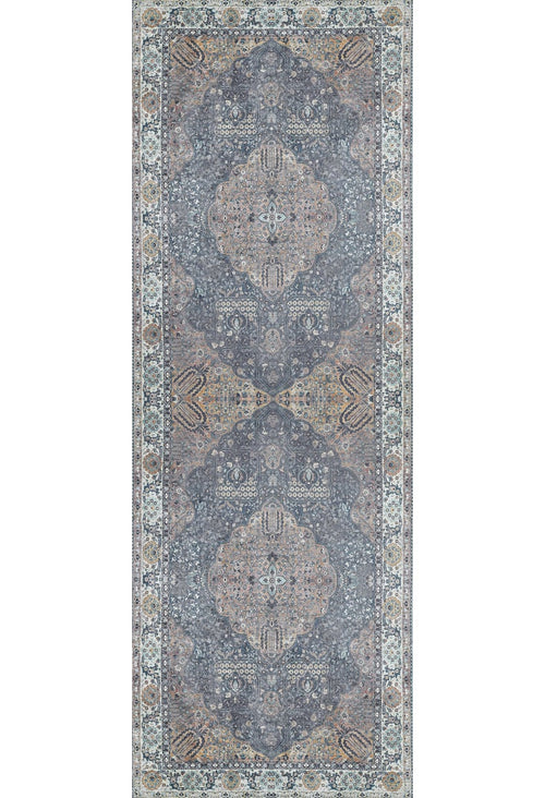 Load image 1 in gallery view. The Royal Sultan - Washable Rug - JR1970 features an intricate floral and geometric pattern in blue, gray, cream, and beige with a central medallion and Persian-style motifs—washable and ideal for allergy-sensitive homes.