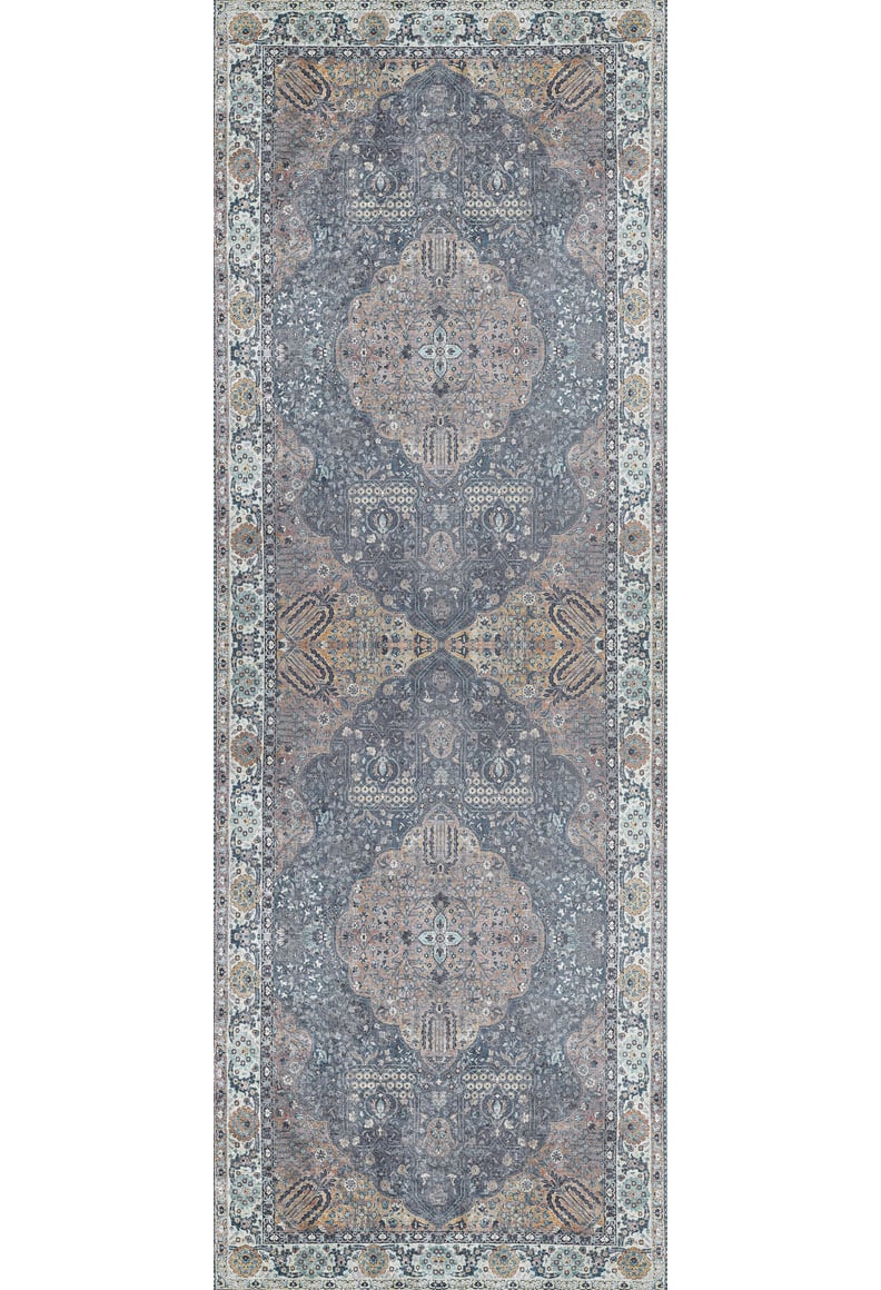 The Royal Sultan - Washable Rug - JR1970 features an intricate floral and geometric pattern in blue, gray, cream, and beige with a central medallion and Persian-style motifs—washable and ideal for allergy-sensitive homes.