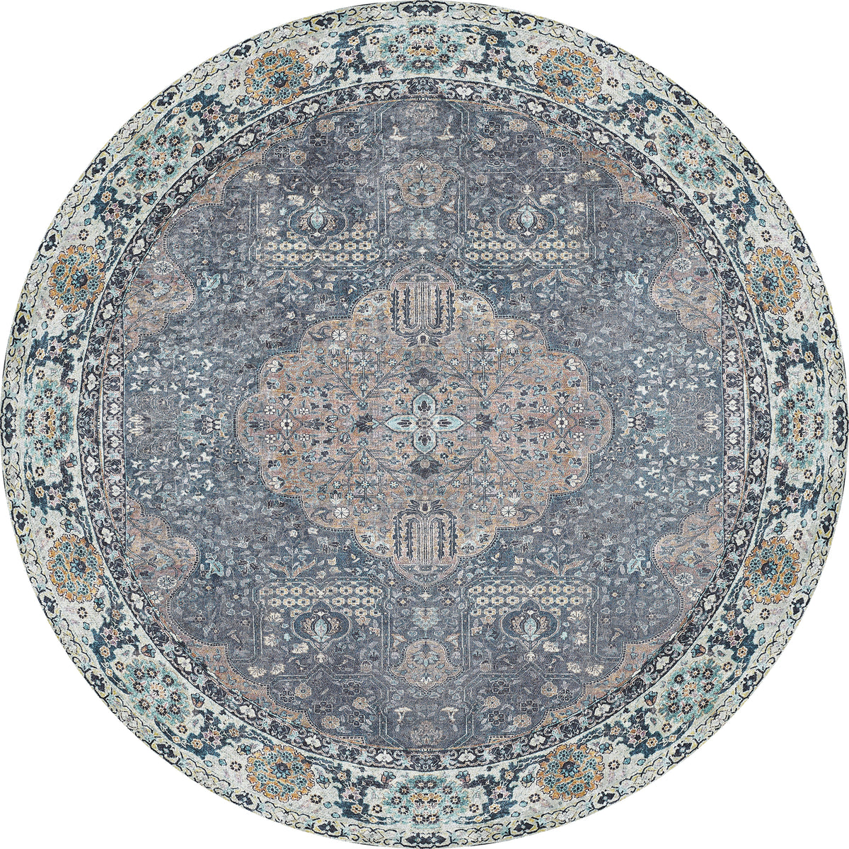 The Royal Sultan - Washable Rug - JR1970 is a round rug with a central medallion in soft blue, gray, beige, and cream. Its ornate floral and geometric patterns make it perfect for allergy-sensitive homes and easy to clean.