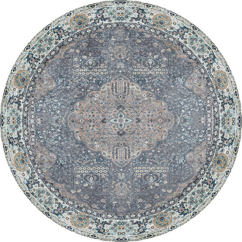 Load image 1 in gallery view. The Royal Sultan - Washable Rug - JR1970 is a round rug with a central medallion in soft blue, gray, beige, and cream. Its ornate floral and geometric patterns make it perfect for allergy-sensitive homes and easy to clean.