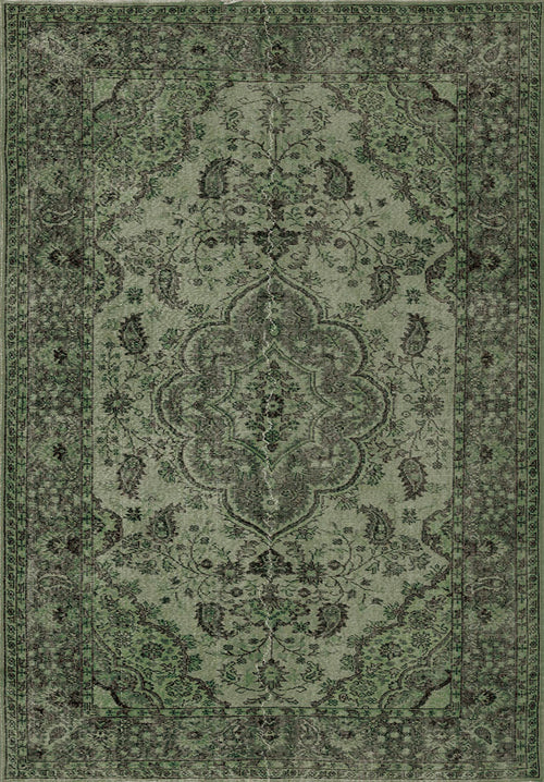 Load image 1 in gallery view. The Royal Vinework - Washable Rug - JRN1009 is a vintage-style green rug featuring a symmetrical medallion, ornate borders, and intricate floral patterns in dark and light green for an elegant, aged charm.