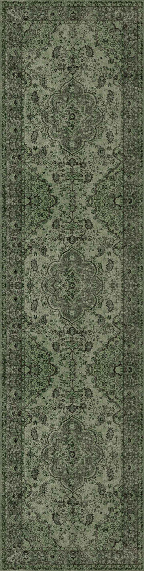 Load image 1 in gallery view. The Royal Vinework - Washable Rug - JRN1009 (Custom Size) features a long, narrow green design with intricate floral and geometric medallions, bordered by detailed patterns in various green shades and subtle black accents.